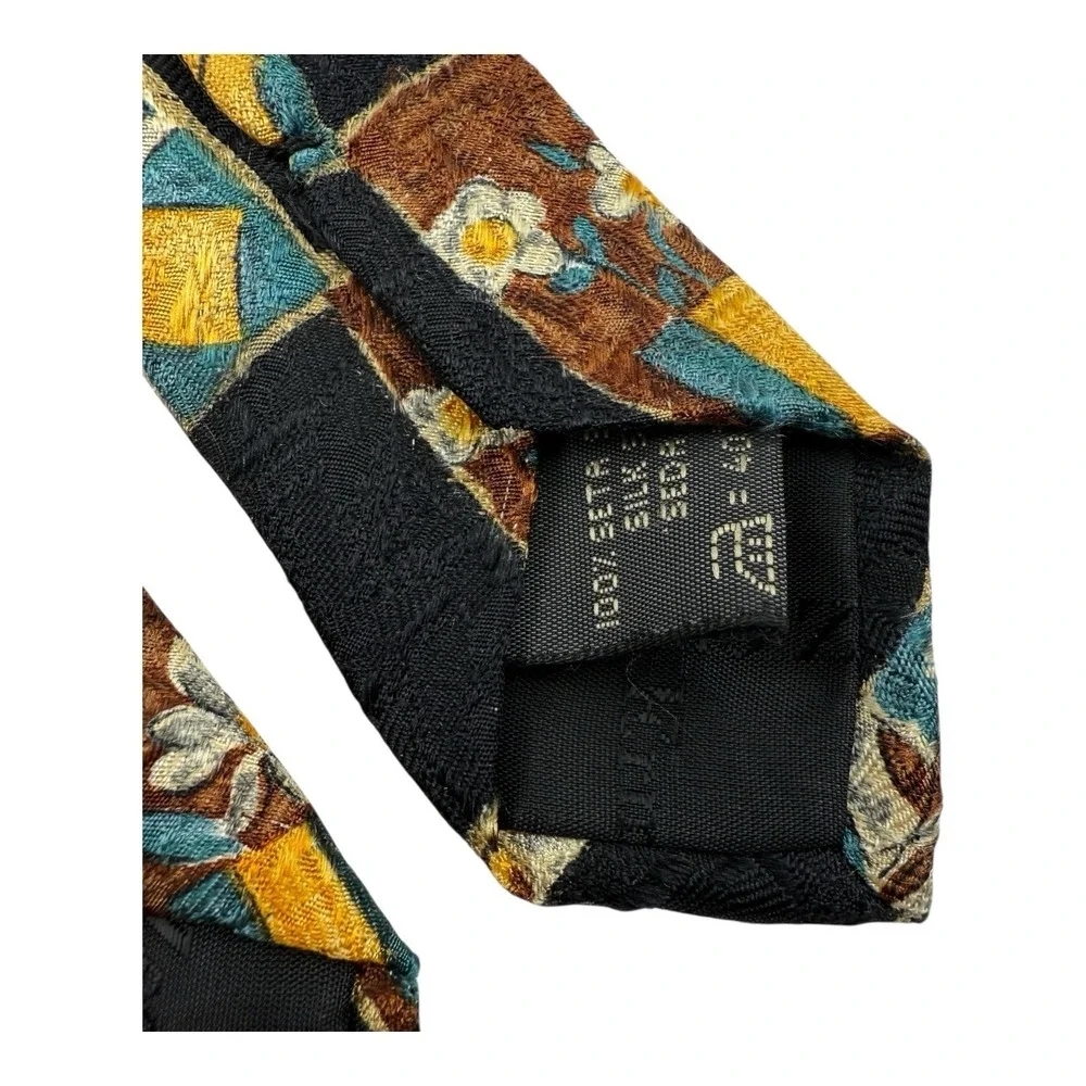 Ermenegildo Zegna‎ Black Silk Tie Potted Flowers Print 3.5x58 Made in Italy